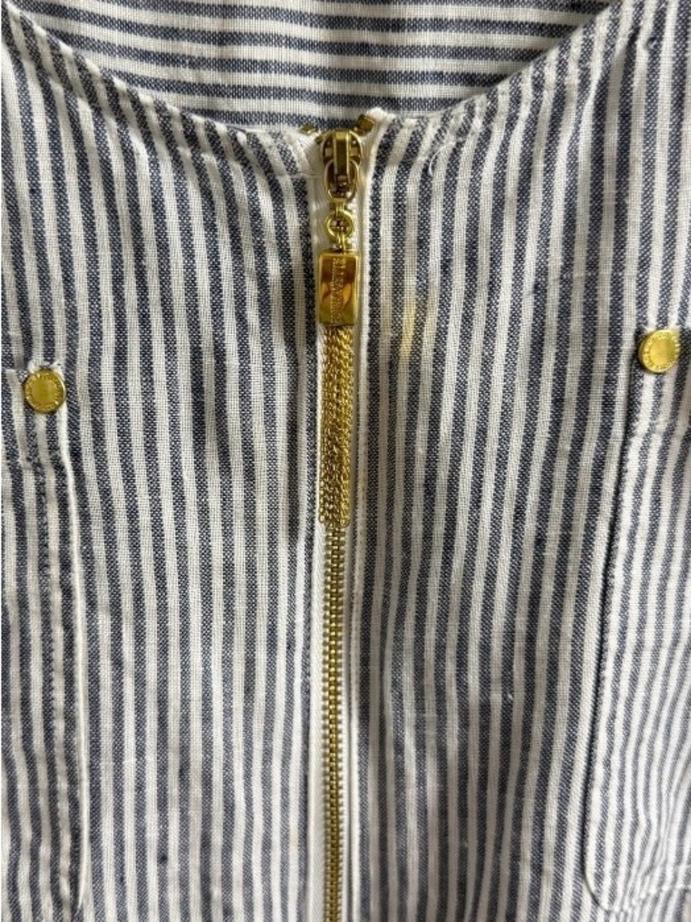 ELLEN TRACY XL 100% LINEN BLUE AND WHITE STRIPED TUNIC GOLD ZIP COASTAL Y2K TOP - Picture 6 of 12